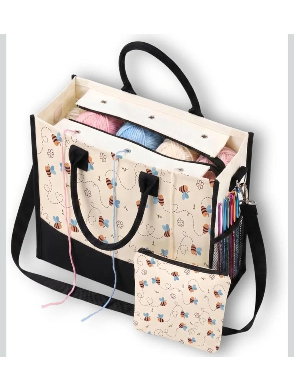 Yarn and crochet tote Craft Organizer Bag with Pockets and Shoulder Strap